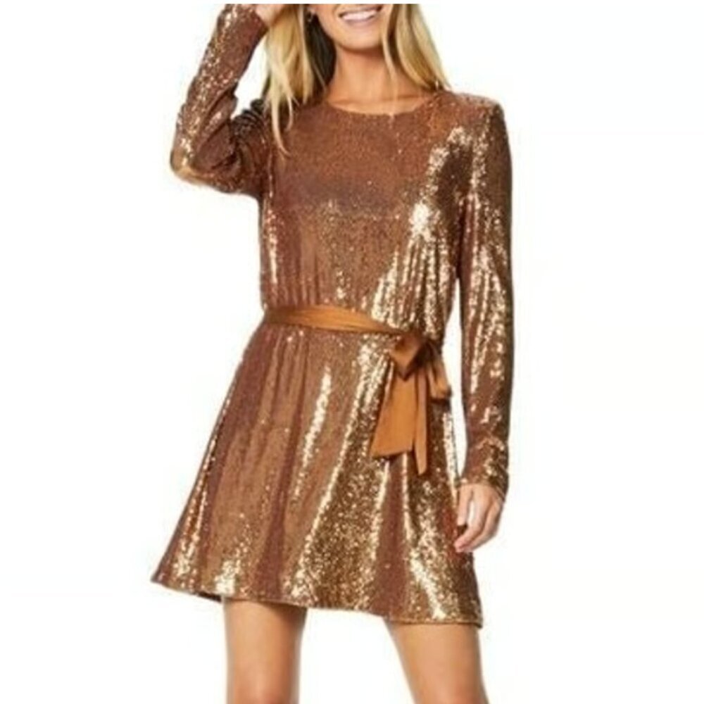 Ramy Brook Copper Long Sleeve Sequin Hallie Dress Womens XS